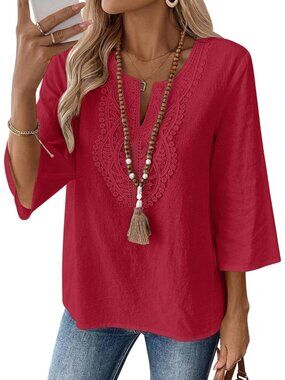 Women's All Red V Neck Pull On Loose Fit Blouses Sleeve Top Cotton Linen Shirt